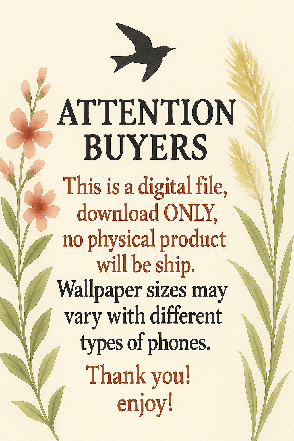 Digital download notice: no physical item is shipped, and the wallpaper crop may vary by phone.