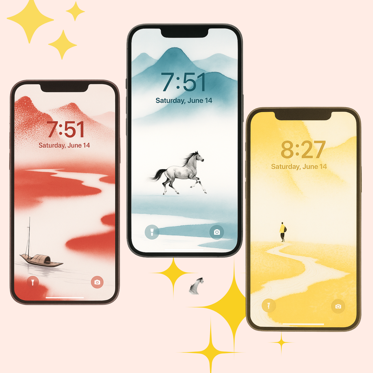 Three phones displaying red, blue-green and yellow pointillist ink wallpapers.
