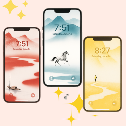Three phones displaying red, blue-green and yellow pointillist ink wallpapers.