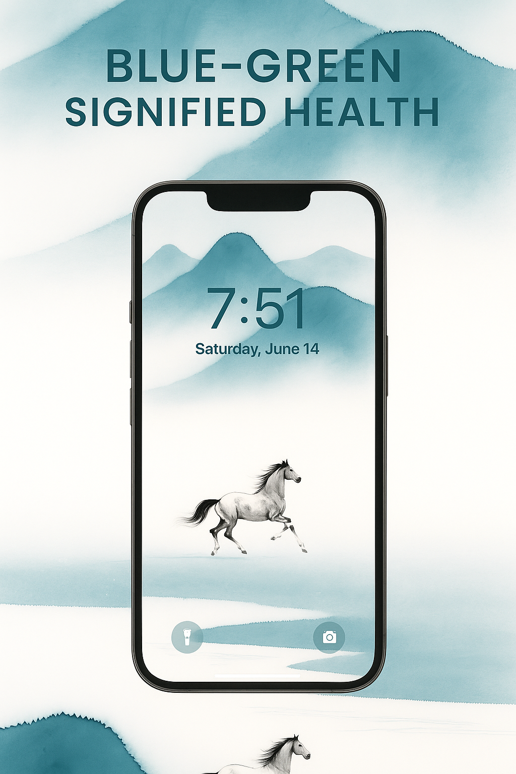 Blue-green ink landscape phone wallpaper with a horse, paired with a note about traditional color symbolism.
