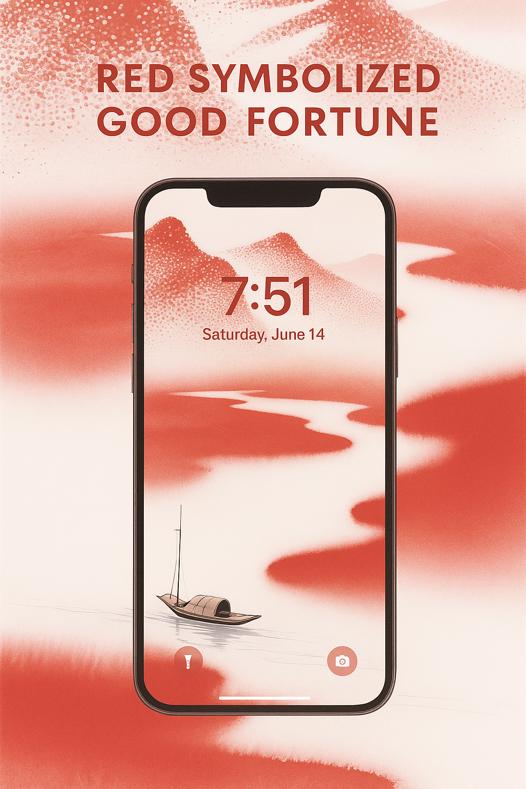 Red ink landscape phone wallpaper with a boat, paired with a note about traditional color symbolism.