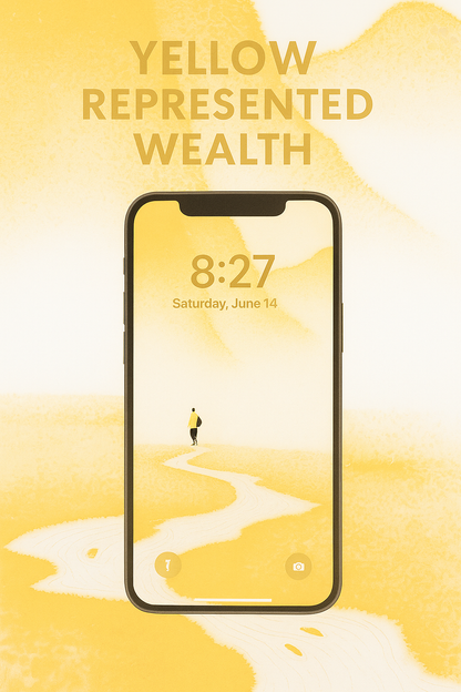 Yellow ink landscape phone wallpaper with a small figure, paired with a note about traditional color symbolism.