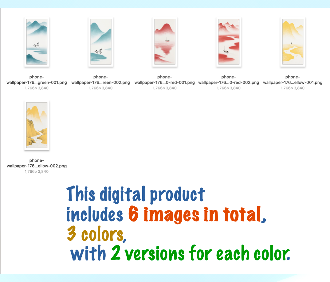 Six wallpaper previews: two images in each of three colors, at 1766 by 3840 pixels.